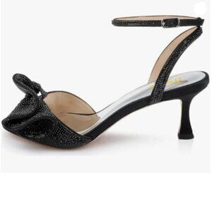 Milooey Black Rhinestone Bow Heeled Sandal Crystal Ankle Strap Kitten Shoes